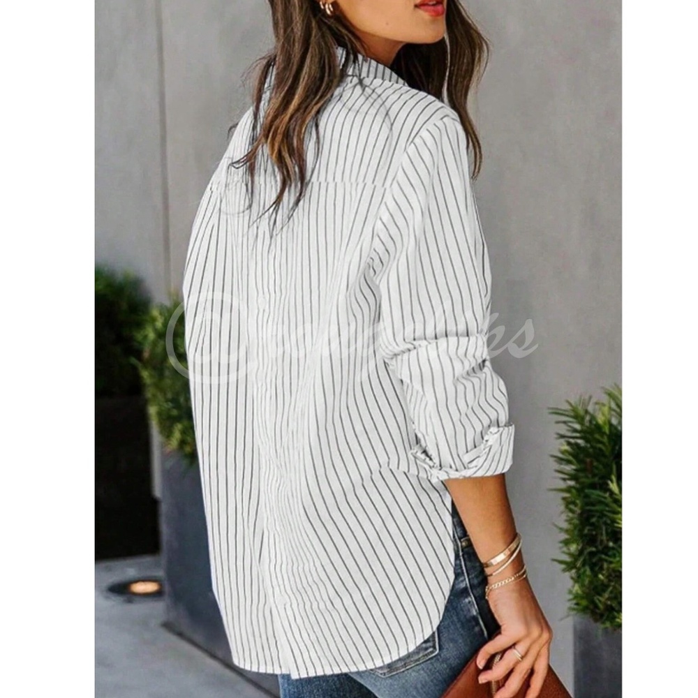 White Striped Shirt Button Up / Down Long Sleeve, Collar - Picture 2 of 4
